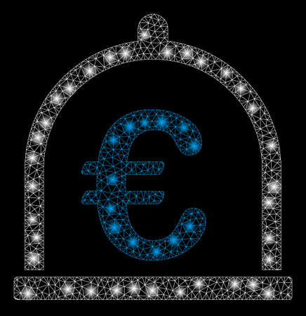 Glowing mesh Euro storage with glitter effect. Abstract illuminated model of Euro storage icon. Shiny wire carcass polygonal mesh Euro storage. Vector abstraction on a black background.のイラスト素材