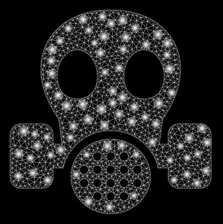 Flare mesh gas mask with glow effect. Abstract illuminated model of gas mask icon. Shiny wire frame triangular mesh gas mask. Vector abstraction on a black background.のイラスト素材