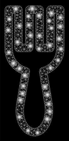 Glowing mesh fork with glow effect. Abstract illuminated model of fork icon. Shiny wire carcass triangular network fork. Vector abstraction on a black background.のイラスト素材