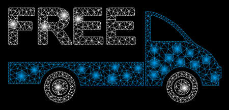 Glowing mesh free delivery car with glare effect. Abstract illuminated model of free delivery car icon. Shiny wire frame polygonal mesh free delivery car. Vector abstraction on a black background.のイラスト素材