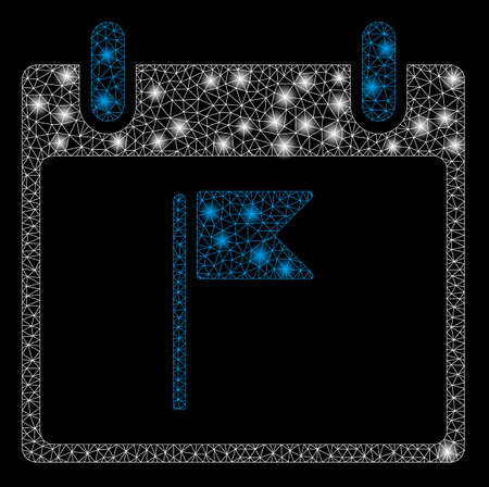 Glossy mesh flag calendar day with glare effect. Abstract illuminated model of flag calendar day icon. Shiny wire frame polygonal network flag calendar day. Vector abstraction on a black background.のイラスト素材