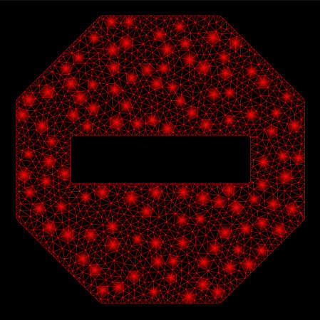 Glowing mesh forbidden octagon with glare effect. Abstract illuminated model of forbidden octagon icon. Shiny wire carcass polygonal mesh forbidden octagon. Vector abstraction on a black background.のイラスト素材