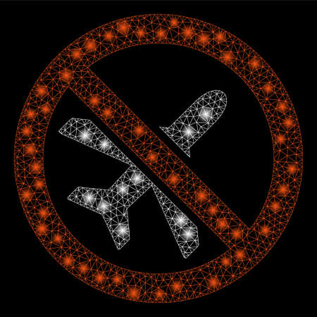 Flare mesh forbidden airplane with sparkle effect. Abstract illuminated model of forbidden airplane icon. Shiny wire frame triangular mesh forbidden airplane. Vector abstraction on a black background.のイラスト素材