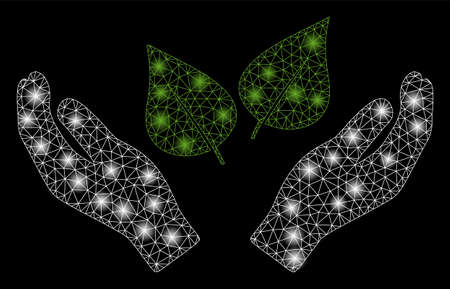 Glowing mesh flora care hands with glitter effect. Abstract illuminated model of flora care hands icon. Shiny wire frame polygonal mesh flora care hands. Vector abstraction on a black background.のイラスト素材