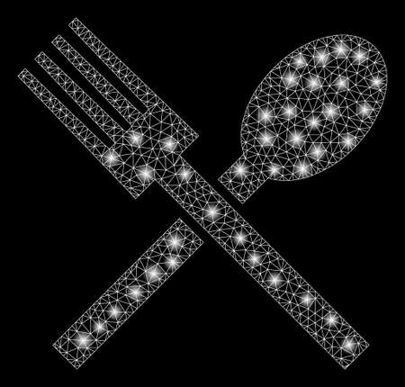 Flare mesh food utensil with lightspot effect. Abstract illuminated model of food icon. Shiny wire carcass polygonal mesh food. Vector abstraction on a black background.のイラスト素材