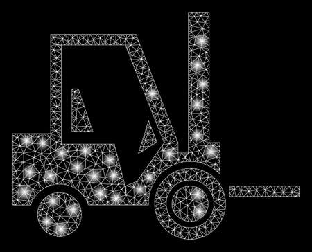 Glowing mesh fork lift truck with glitter effect. Abstract illuminated model of fork lift truck icon. Shiny wire carcass triangular mesh fork lift truck. Vector abstraction on a black background.のイラスト素材