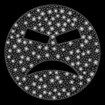 Flare mesh angry face with glare effect. Abstract illuminated model of furious smiley icon. Shiny wire carcass polygonal mesh furious smiley. Vector abstraction on a black background.のイラスト素材