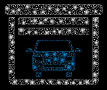 Flare mesh car garage open with glitter effect. Abstract illuminated model of car garage open icon. Shiny wire carcass polygonal mesh car garage open. Vector abstraction on a black background.のイラスト素材