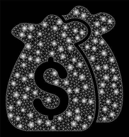Glossy mesh funds with glitter effect. Abstract illuminated model of funds icon. Shiny wire carcass triangular mesh funds. Vector abstraction on a black background.のイラスト素材