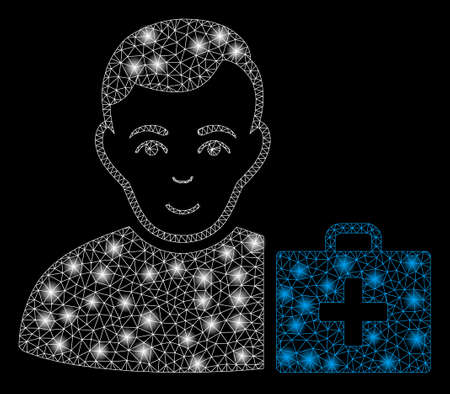 Bright mesh first-aid man with sparkle effect. Abstract illuminated model of first-aid man icon. Shiny wire carcass polygonal mesh first-aid man. Vector abstraction on a black background.のイラスト素材