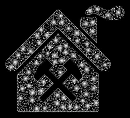 Flare mesh forge building with lightspot effect. Abstract illuminated model of forge building icon. Shiny wire frame triangular mesh forge building. Vector abstraction on a black background.のイラスト素材
