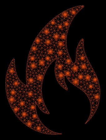 Flare mesh flame with glare effect. Abstract illuminated model of flame icon. Shiny wire frame triangular mesh flame. Vector abstraction on a black background.のイラスト素材