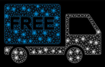 Glowing mesh free delivery car with glitter effect. Abstract illuminated model of free delivery car icon. Shiny wire frame triangular network free delivery car.のイラスト素材