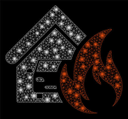 Bright mesh garage fire disaster with glare effect. Abstract illuminated model of garage fire disaster icon. Shiny wire carcass triangular mesh garage fire disaster.のイラスト素材
