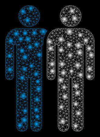 Glowing mesh gay couple with glitter effect. Abstract illuminated model of gay couple icon. Shiny wire carcass triangular network gay couple. Vector abstraction on a black background.のイラスト素材