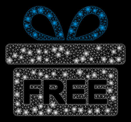 Glossy mesh free gift with sparkle effect. Abstract illuminated model of free gift icon. Shiny wire carcass triangular mesh free gift. Vector abstraction on a black background.のイラスト素材