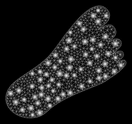Bright mesh foot with glitter effect. Abstract illuminated model of foot icon. Shiny wire carcass triangular mesh foot. Vector abstraction on a black background.のイラスト素材