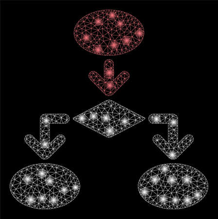 Flare mesh flowchart with lightspot effect. Abstract illuminated model of flowchart icon. Shiny wire carcass triangular mesh flowchart. Vector abstraction on a black background.のイラスト素材