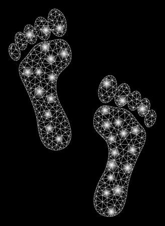 Glossy mesh footprints with glow effect. Abstract illuminated model of footprints icon. Shiny wire carcass polygonal network footprints. Vector abstraction on a black background.のイラスト素材