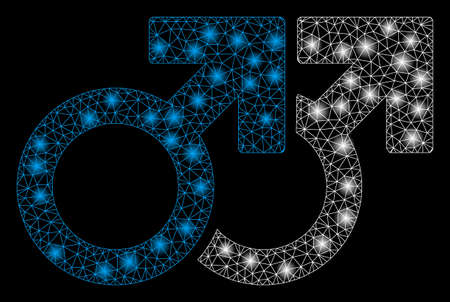 Glowing mesh gay couple with glare effect. Abstract illuminated model of gay couple icon. Shiny wire carcass triangular mesh gay couple. Vector abstraction on a black background.のイラスト素材