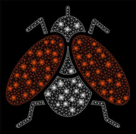 Glowing mesh fly with glare effect. Abstract illuminated model of fly icon. Shiny wire carcass triangular mesh fly. Vector abstraction on a black background.のイラスト素材