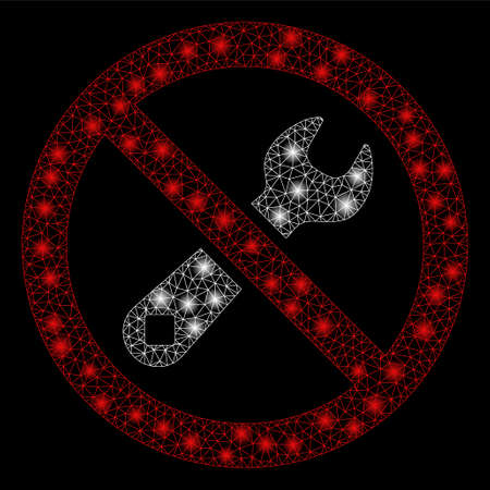 Bright mesh forbidden repair with sparkle effect. Abstract illuminated model of forbidden repair icon. Shiny wire frame polygonal mesh forbidden repair. Vector abstraction on a black background.のイラスト素材