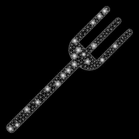 Glossy mesh fork with glow effect. Abstract illuminated model of fork icon. Shiny wire carcass polygonal mesh fork. Vector abstraction on a black background.のイラスト素材