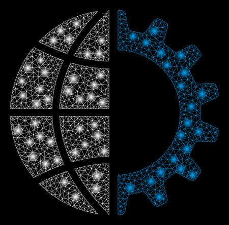 Glossy mesh global industry with glitter effect. Abstract illuminated model of global industry icon. Shiny wire frame triangular mesh global industry. Vector abstraction on a black background.のイラスト素材