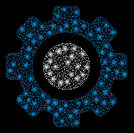 Glowing mesh gear with glow effect. Abstract illuminated model of gear icon. Shiny wire frame triangular mesh gear. Vector abstraction on a black background.のイラスト素材