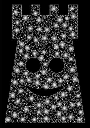 Flare mesh glad fort tower with sparkle effect. Abstract illuminated model of glad fort tower icon. Shiny wire frame polygonal mesh glad fort tower. Vector abstraction on a black background.のイラスト素材