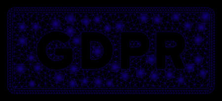 Glossy mesh GDPR rectangle with glare effect. Abstract illuminated model of GDPR rectangle icon. Shiny wire frame polygonal mesh GDPR rectangle. Vector abstraction on a black background.のイラスト素材