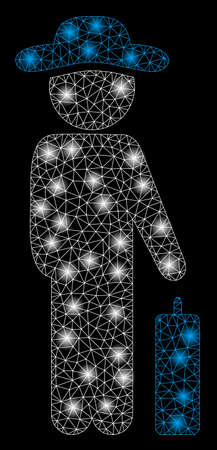 Glossy mesh gentleman baggage with glow effect. Abstract illuminated model of gentleman baggage icon. Shiny wire frame polygonal mesh gentleman baggage. Vector abstraction on a black background.のイラスト素材