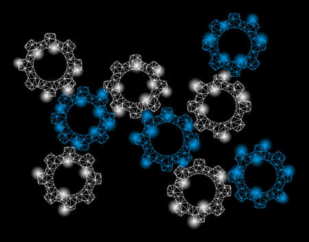 Flare mesh gears with glare effect. Abstract illuminated model of gears icon. Shiny wire frame...