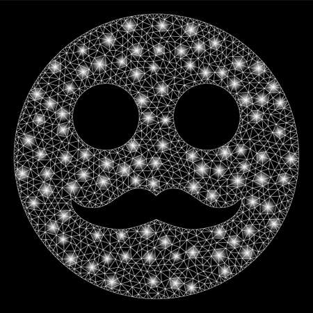 Glossy mesh gentleman smiley with lightspot effect. Abstract illuminated model of gentleman smiley icon. Shiny wire frame polygonal mesh gentleman smiley. Vector abstraction on a black background.のイラスト素材