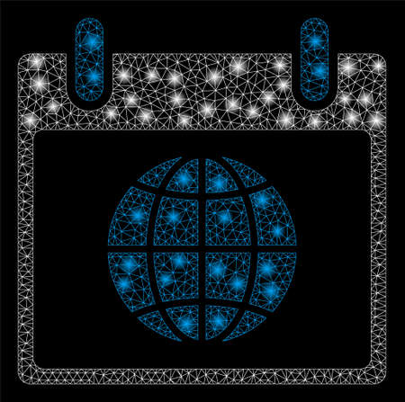 Glowing mesh globe calendar day with glow effect. Abstract illuminated model of globe calendar day icon. Shiny wire frame triangular mesh globe calendar day. Vector abstraction on a black background.のイラスト素材