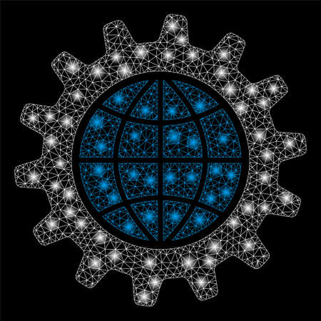 Glowing mesh global options with glare effect. Abstract illuminated model of global options icon. Shiny wire frame triangular mesh global options. Vector abstraction on a black background.のイラスト素材