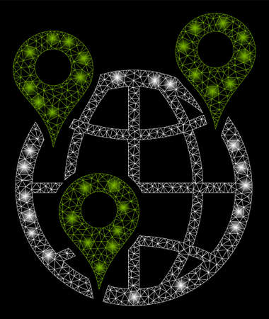 Flare mesh global company branches with glitter effect. Abstract illuminated model of global company branches icon. Shiny wire carcass triangular mesh global company branches.のイラスト素材