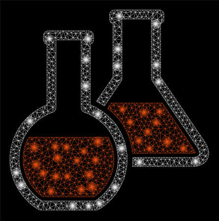 Glossy mesh glass flasks with glow effect. Abstract illuminated model of glass flasks icon. Shiny wire carcass polygonal mesh glass flasks. Vector abstraction on a black background.のイラスト素材