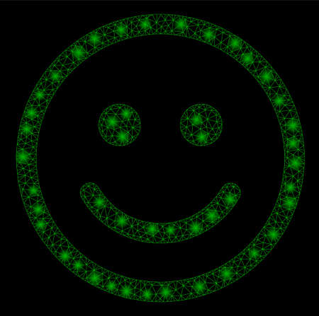 Glowing mesh glad face with glitter effect. Abstract illuminated model of glad face icon. Shiny wire frame polygonal mesh glad face. Vector abstraction on a black background.のイラスト素材