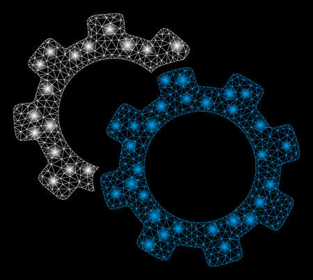 Glowing mesh gears with glitter effect. Abstract illuminated model of gears icon. Shiny wire carcass polygonal mesh gears. Vector abstraction on a black background.のイラスト素材
