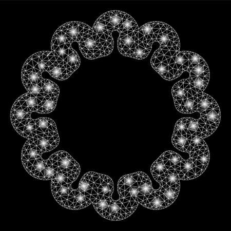 Glossy mesh gear with glitter effect. Abstract illuminated model of gear icon. Shiny wire frame triangular mesh gear. Vector abstraction on a black background.のイラスト素材