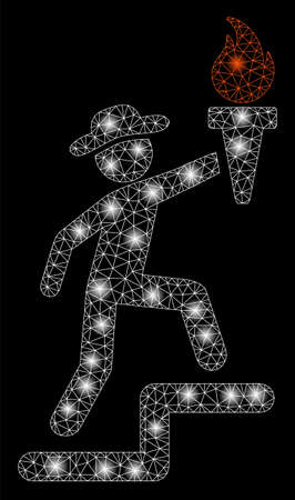 Flare mesh gentleman climbing with torch with lightspot effect. Abstract illuminated model of gentleman climbing with torch icon. Shiny wire frame polygonal mesh gentleman climbing with torch.のイラスト素材