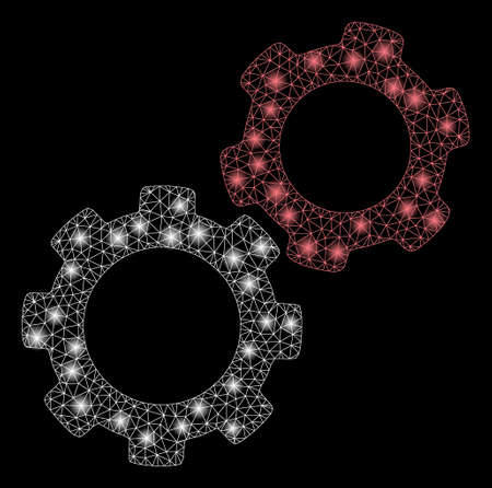 Glossy mesh gears with glare effect. Abstract illuminated model of gears icon. Shiny wire carcass polygonal mesh gears. Vector abstraction on a black background.のイラスト素材