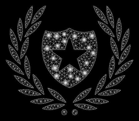 Glowing mesh glory shield with glare effect. Abstract illuminated model of glory shield icon. Shiny wire carcass triangular network glory shield. Vector abstraction on a black background.のイラスト素材