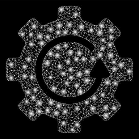 Bright mesh gear rotation with glitter effect. Abstract illuminated model of gear rotation icon. Shiny wire frame polygonal mesh gear rotation. Vector abstraction on a black background.のイラスト素材