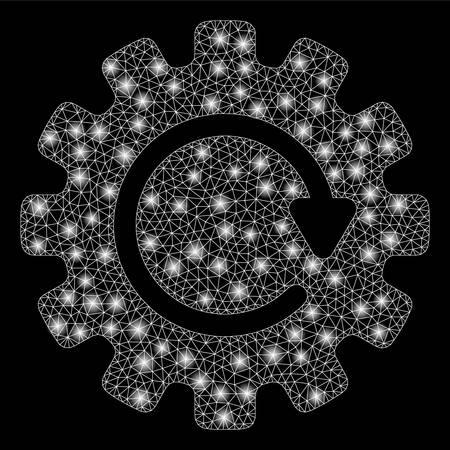 Glossy mesh gearwheel rotation with glitter effect. Abstract illuminated model of gearwheel rotation icon. Shiny wire frame polygonal mesh gearwheel rotation. Vector abstraction on a black background.のイラスト素材