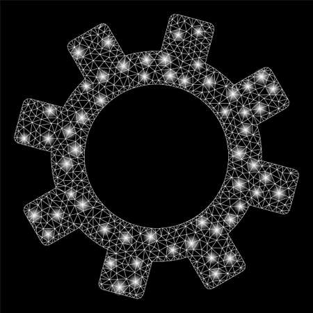 Glowing mesh gear with glare effect. Abstract illuminated model of gear icon. Shiny wire carcass triangular mesh gear. Vector abstraction on a black background.のイラスト素材