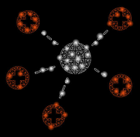 Flare mesh global medical relations with glitter effect. Abstract illuminated model of global medical relations icon. Shiny wire carcass polygonal mesh global medical relations.のイラスト素材