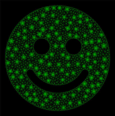 Bright mesh glad face with glow effect. Abstract illuminated model of glad face icon. Shiny wire carcass polygonal mesh glad face. Vector abstraction on a black background.のイラスト素材