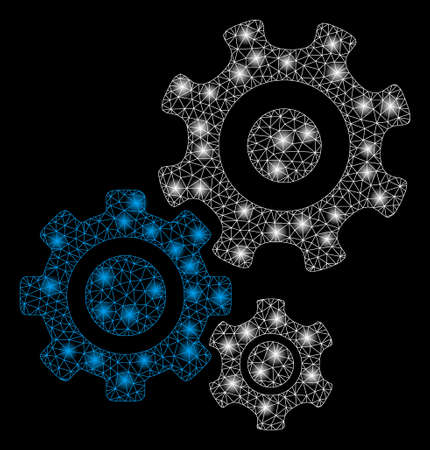 Glossy mesh gear mechanism with glitter effect. Abstract illuminated model of gear mechanism icon. Shiny wire carcass triangular mesh gear mechanism. Vector abstraction on a black background.のイラスト素材